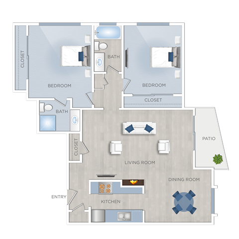 Floor plan for 2 beds, 2 baths, 957 sqft